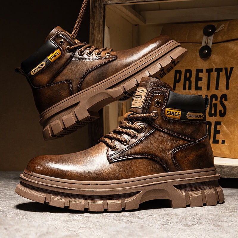 Vintage Leatherwork - Vintage Men Platform Ankle Boots Autumn